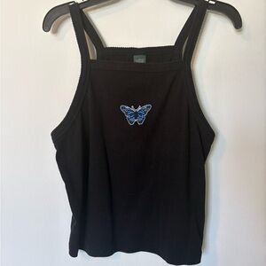 wild fable Black Ribbed Tank with Blue Butterfly Patch